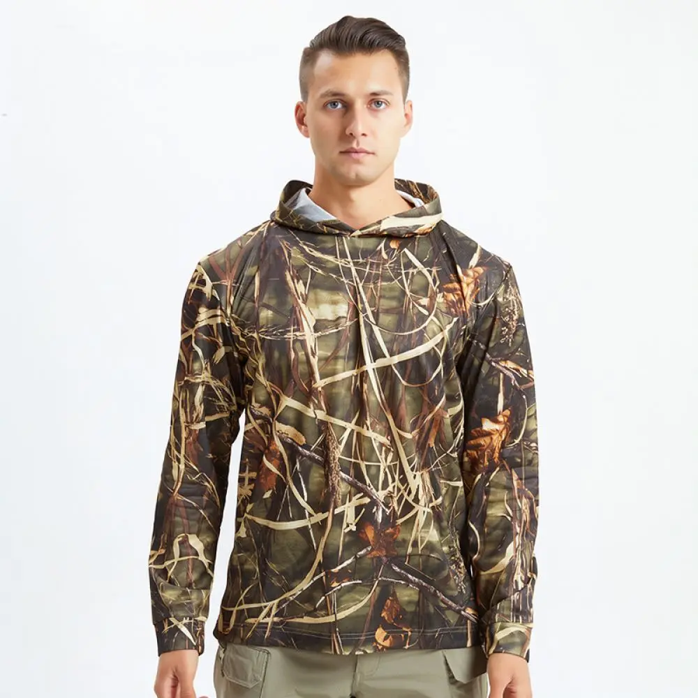 Mens Quick Dry Hoodie Camo Long Sleeve T Shirt Breathable UV Protection Outdoor Fishing Hiking Tactical Training Tops