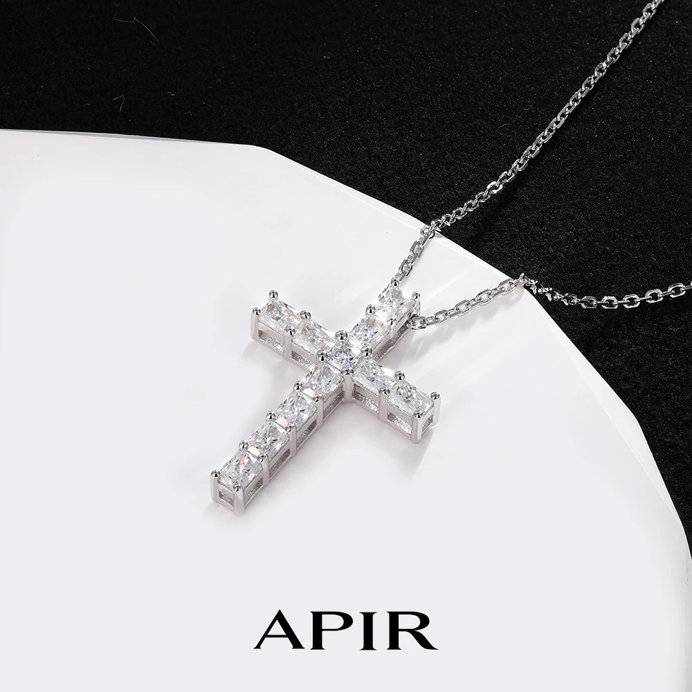 

APIR Full Moissanite Inlay Cross Necklace for Women 925 Sterling Silver Elegant Religious Statement Necklace Fine Jewelry Gift