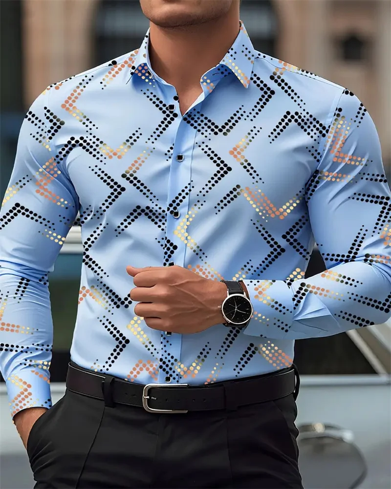 

3D Print Simple Design Long Sleeve Shirt For Men Fashion Daily Business Casual Lapel Shirts Autumn Loose Comfortable Man Clothes