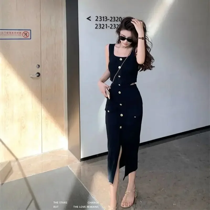 

New Fashion Knitted Summer Women's Suit Fashion Buttons Sleeveless Short Tank Top + Pencil Split Bodycon Midi Skirt 2 Piece Set