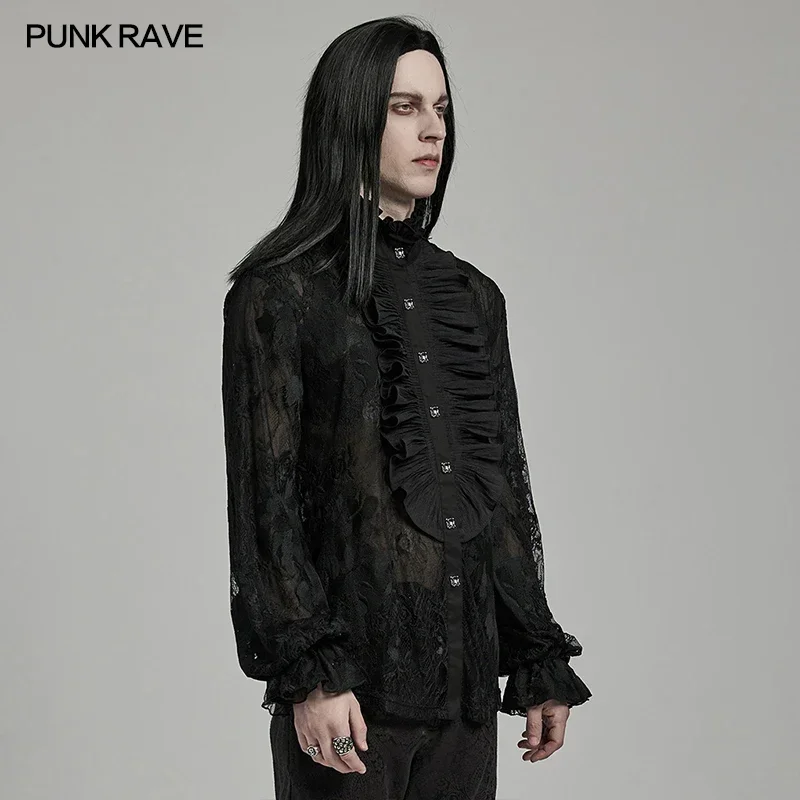 PUNK RAVE Men's Gothic Lace Gorgeous Embroidery Floral Shirt Lantern Sleeve Design Party Club Loose Fitting Shirts Men Clothing