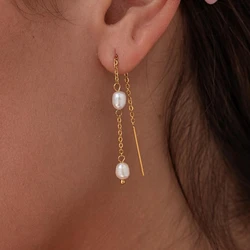 Peri'sbox Stainless Steel Non Tarnish Long Chain Tassel Drop Earring for Women Natural Freshwater Pearl Temperament Girl Jewelry