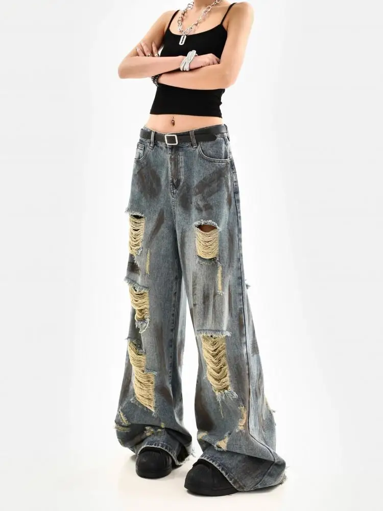 Dames tie-dye noodlijdende vintage gescheurde jeans zomer Y2K high street Amerikaanse stijl losse casual hoge taille wijde pijpen broek