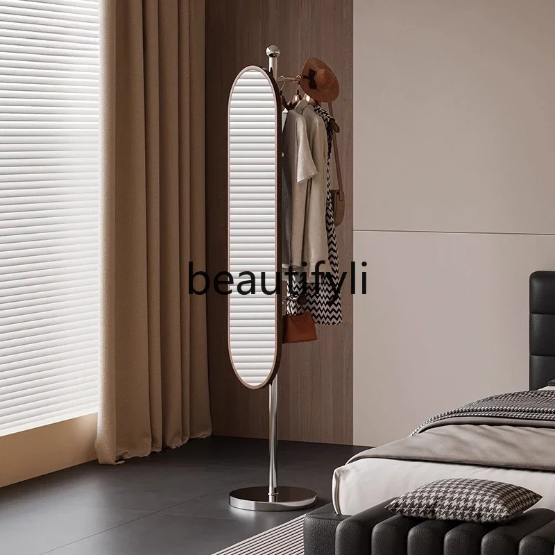 

Bedroom Household Floor-standing Coat Rack with Rotatable Dressing Mirror Walnut Wood Integrated Clothes Rack