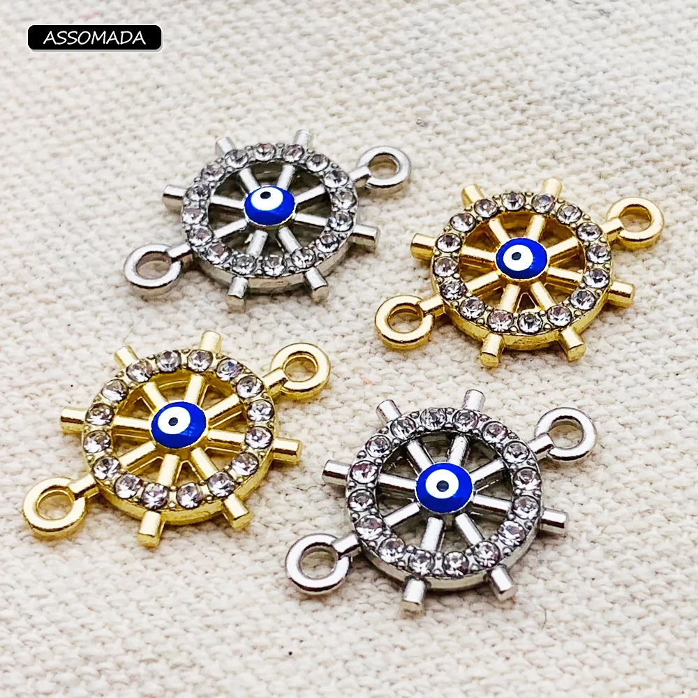 10pcs Rhinestone Rudder Blue Eyes Charms Connectors Bracelet Handmade Turkey Lucky Evil Eye Pendant Necklaces DIY Jewelry Making