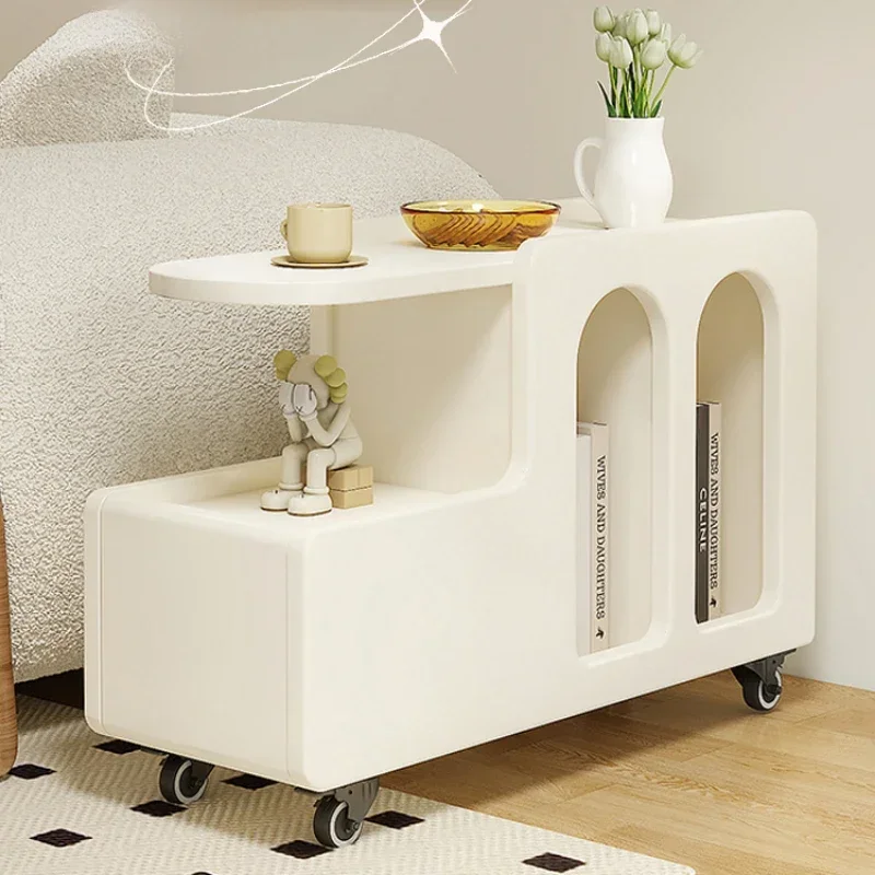 Movable Side Table with Storage Rack Cream Style End Table for Sofa Coffee Table Bedroom and Living Room