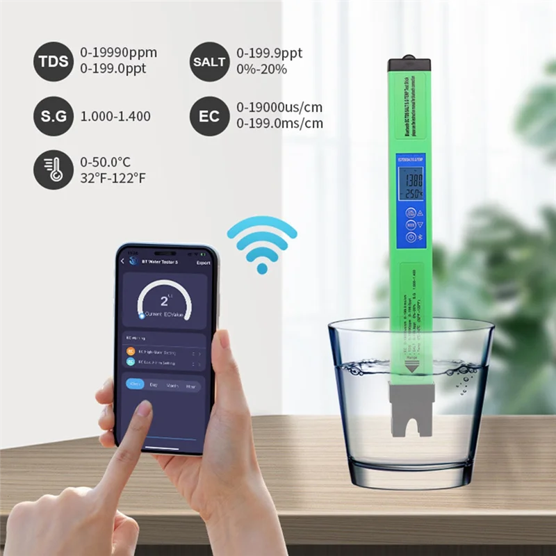Тестер качества воды FULL-5 в 1, цифровой EC TDS SALT SG, детектор температуры, Bluetooth, приложение для питья, лабораторный аквариум