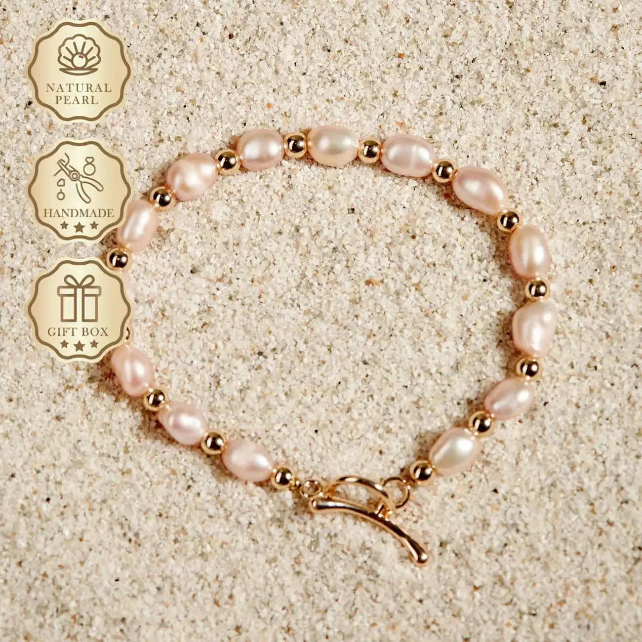 

MYSOYA Pink-Purple Baroque Freshwater Pearl Bracelet 5–6mm with Gold OT Clasp, Gift Box, Birthday/Anniversary Gift