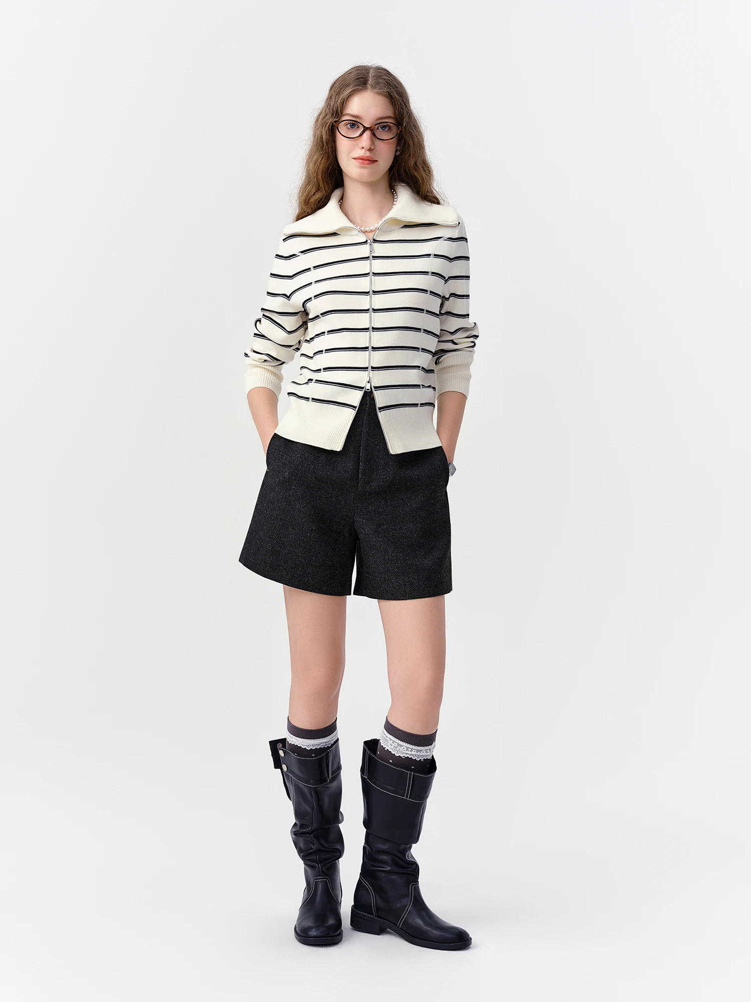 DUSHU 2026 Women Light Grey Brushed Suiting A-Line High Waist Shorts Faux Wool Blend Cropped Office Commute Casual Short Pants