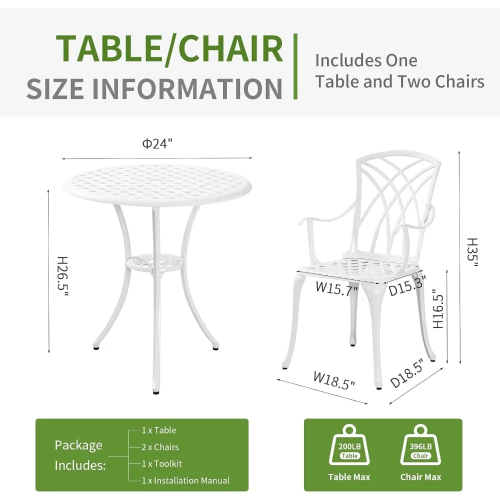 Patio Bistro Set 3 Piece with Umbrella Hole, Outdoor Bistro Table and Chairs Set of 2, Patio Bistro Set 3 Piece white