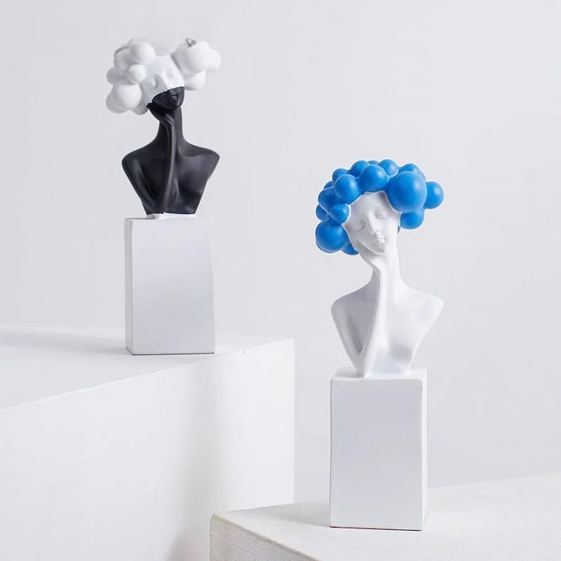 Creative Resin Black and White Abstract Figurine Modern Elegant Curly-Haired Lady Statue Half-Length Bust Aesthetic Decoration