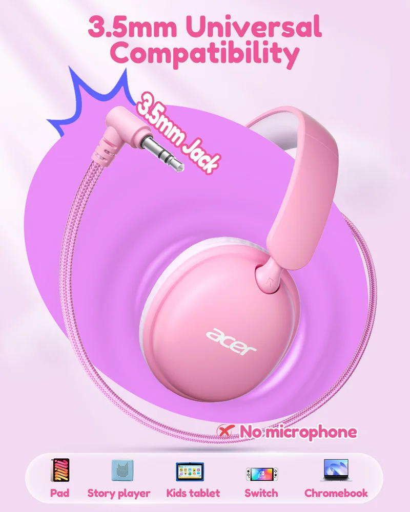 Acer Kids Headphones with Cord for School 74/85dB Volume Limit Over Ear 3.5mm Jack Wired Headphones for Kids Girls Boys Foldable