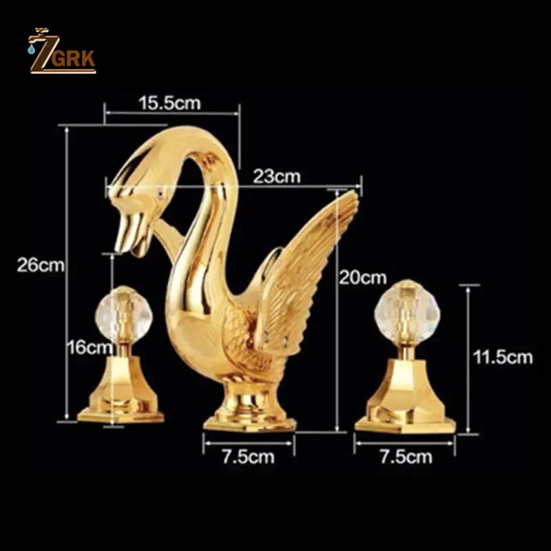 ZGRK Gold Finish Bathroom Faucet Luxury Golden Swan Shape Basin Tap Dual Handle Deck Mount Three Pieces Faucet Set Solid Brass