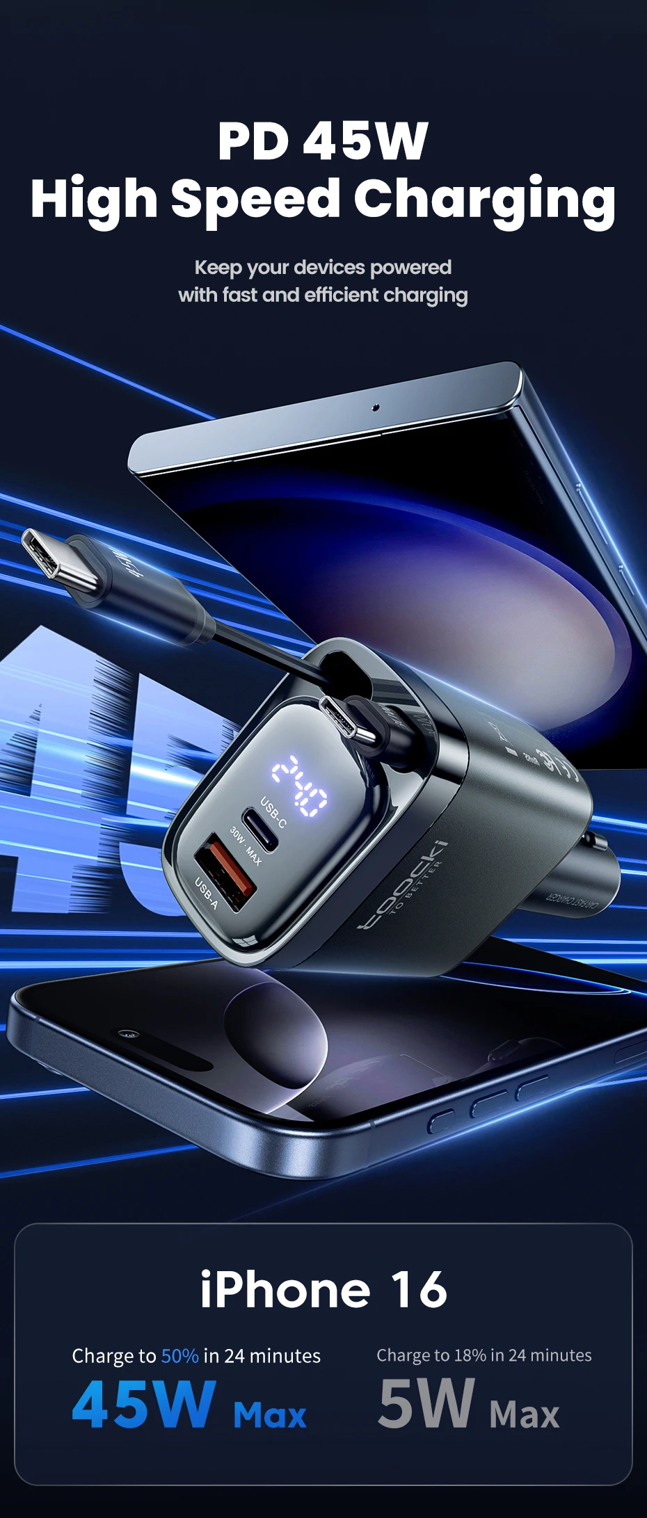 Toocki 4 IN 1 einziehbares Autoladegerät 105 W Handy-Ladegerät Typ C-Kabel für iPhone 16 15 Schnellladekabel Zigarettenadapter – Detail 4