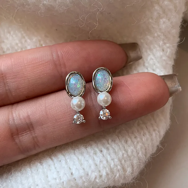 S925 Silver Post Aurora Crystal Pearl Opal Earrings 5A Cubic Zirconia Dangle Stud Iridescent Glass Pearl Opal Gemstone Jewelry