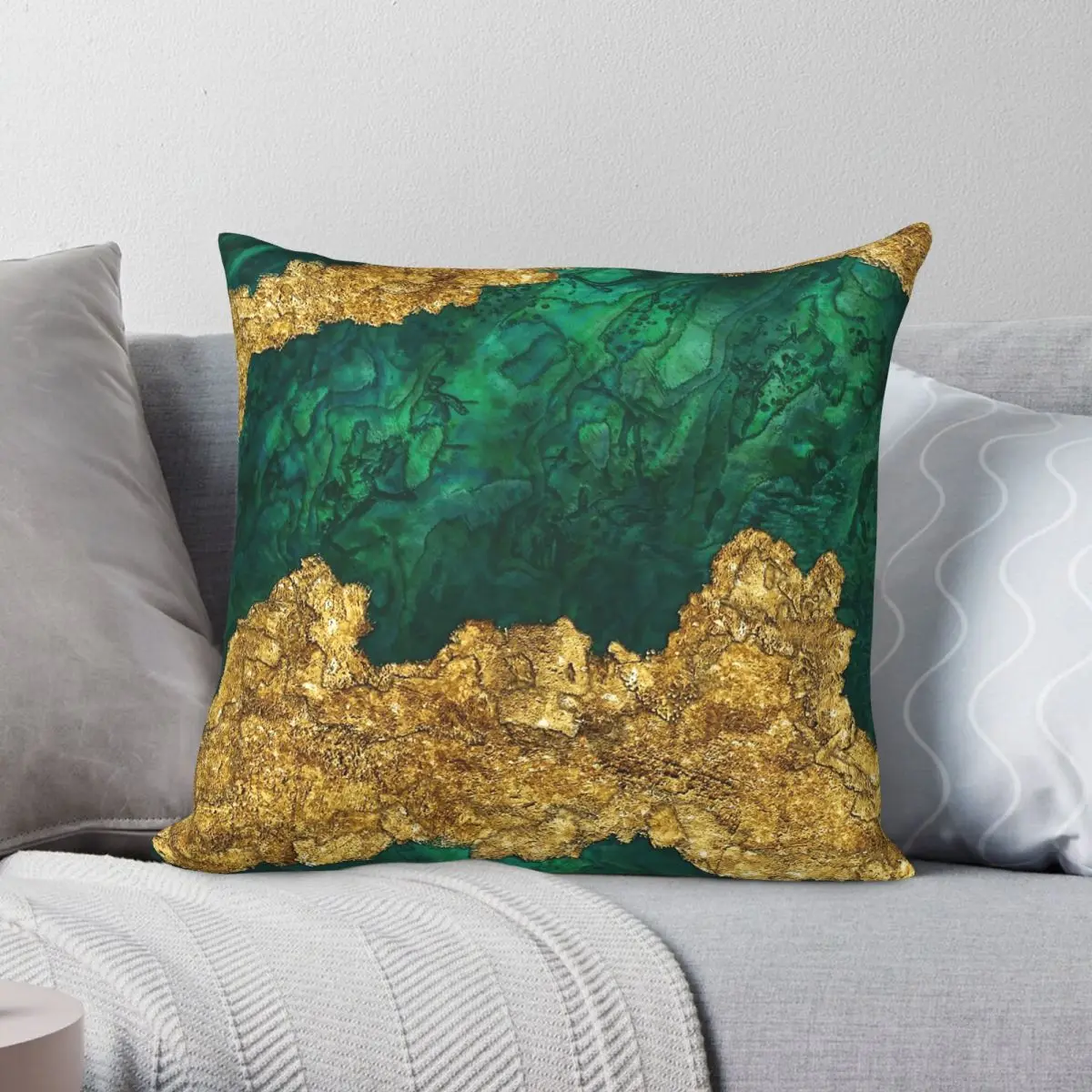 Green Gold Mixed Media Square Pillowcase Polyester Linen Velvet Pattern Zip Decorative Room Cushion Cover