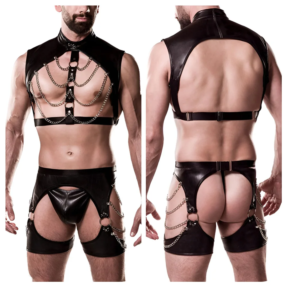 

Men's PU Leather Harness with Chains Gothic Punk Lingerie set Open Back Sexy Clubwear Black Party Costume 2026 New