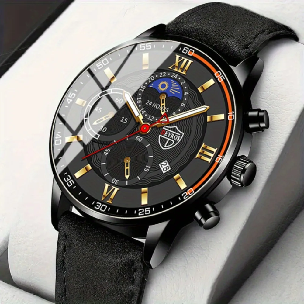 Men's Fashion Business Watch Analog PU Leather Mens Watches Classic Quartz Wrist Watch for Men Ramadan Father's Day gift