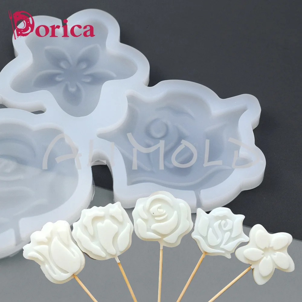 Dorica Flower Rose Lollipop Epoxy Mold Chocolate Silicone Cake Mould Cake Decorating Tools Kitchen Accessories Bakeware