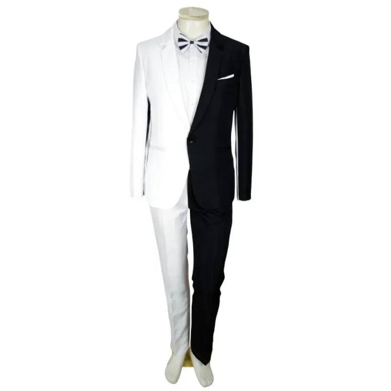 Men's Personality Mixed Color Suit Red Black White Splicing Blazer Pants 2 Piece Set for Stage Singer Chorus Magician Groomsman