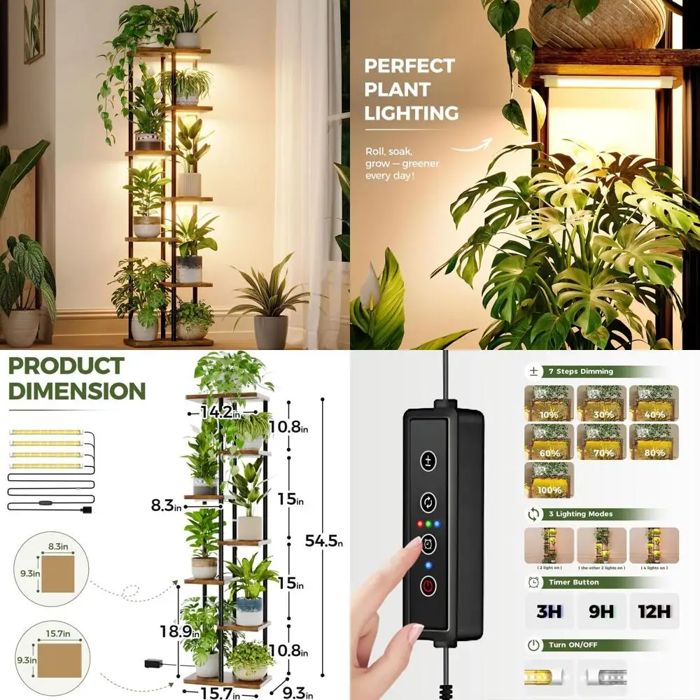 

7-ярусная металлическая подставка для растений с фитолампой, идеально подходит для декора дома, гостиной и патио