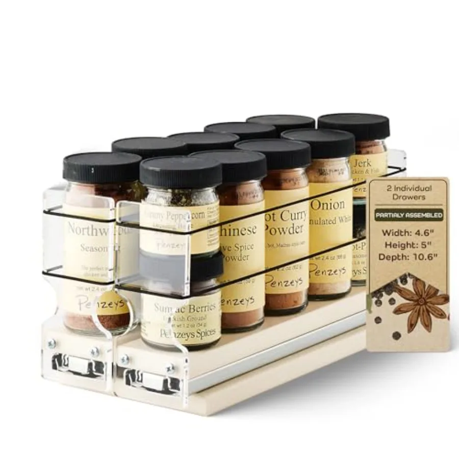 

Narrow Pullout Spice Rack for Kitchen Organization, Cream Metal, 2 Sliding Drawers, 10-Spice Jar Ccity, Compact 4.6 W x 5.0 H x