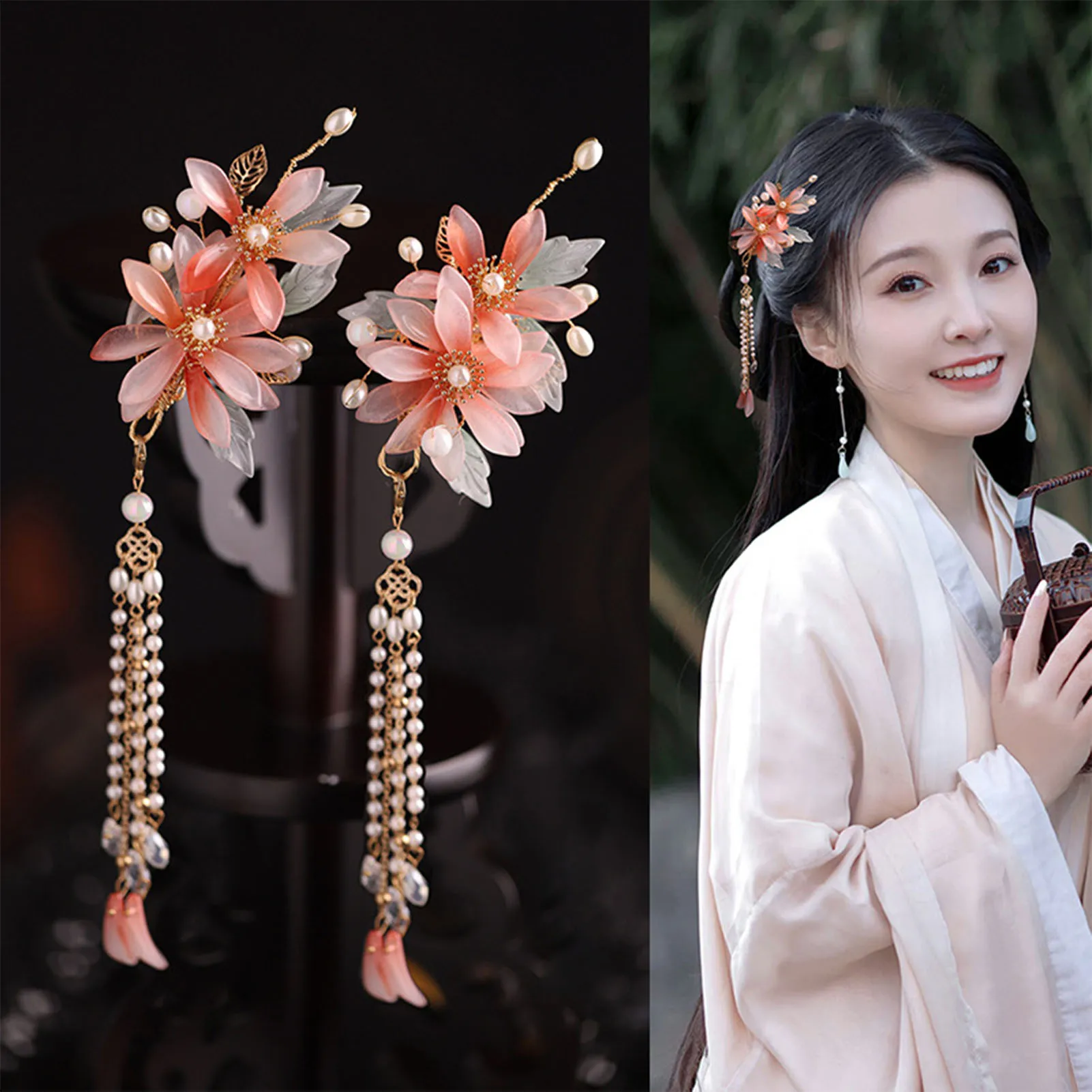 Chinese Hair Pins Clips Flower Hairpins Retro Headpieces for Women Girls Fairy Tassel Chinese Hanfu Dress Hair Accessories