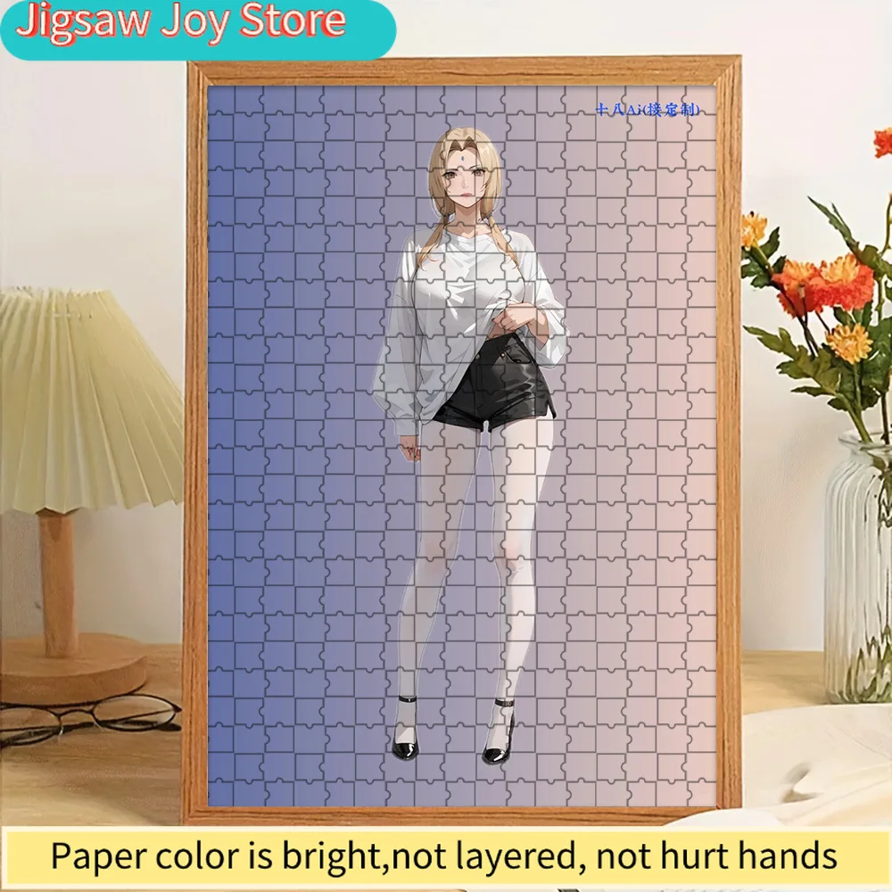 

Tsunade Paper Puzzle, Stylish Naruto Anime Character Art of Blonde Beauty in White Top and Black Shorts, Modern Fashion Illustra