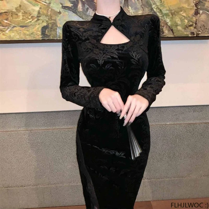 

French Design Black Dress Elegant Evening New Vintage Temperament Craft Flower Qipao Hollow Out Split Slim Fit Wrap Hip Dress