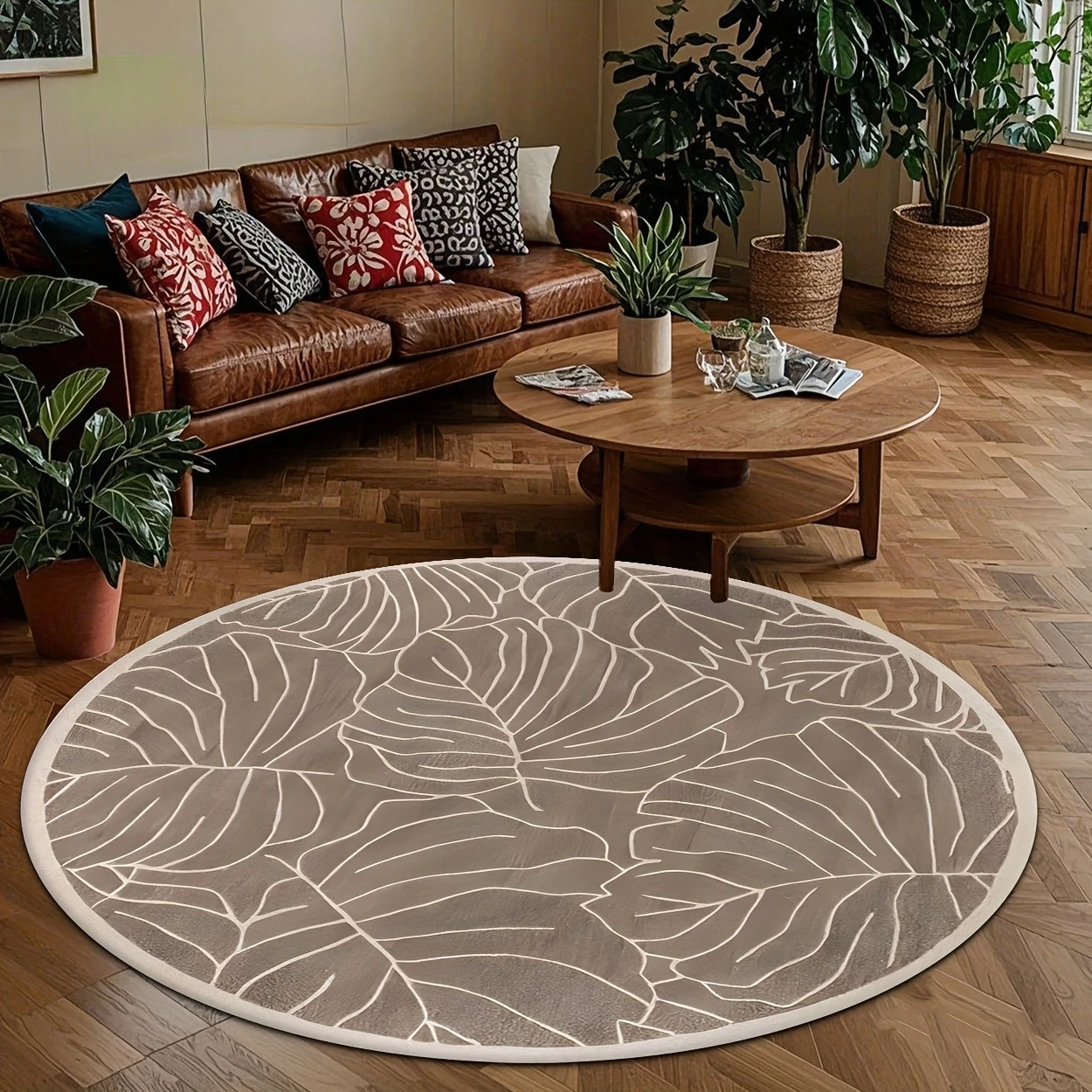 Neutral Tone Abstract Grid Circular Decor Mat Retro Textured Line Block Printed Round Rug for Modern Cozy Indoor Living Space