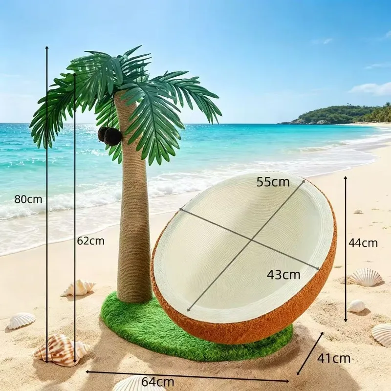 Coconut Tree Cat Tree 3‑in‑1 Cat Scratching Post with Large Coconut Cat Bed, Sisal Scratcher Toy for Indoor Cats Home Decor