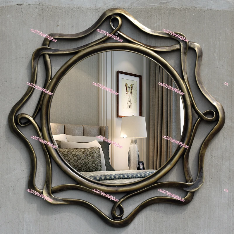 European Retro Gold Bathroom Mirror American Country Wall Hanging Porch Decoration Round Washbasin Makeup Dressing Mirror