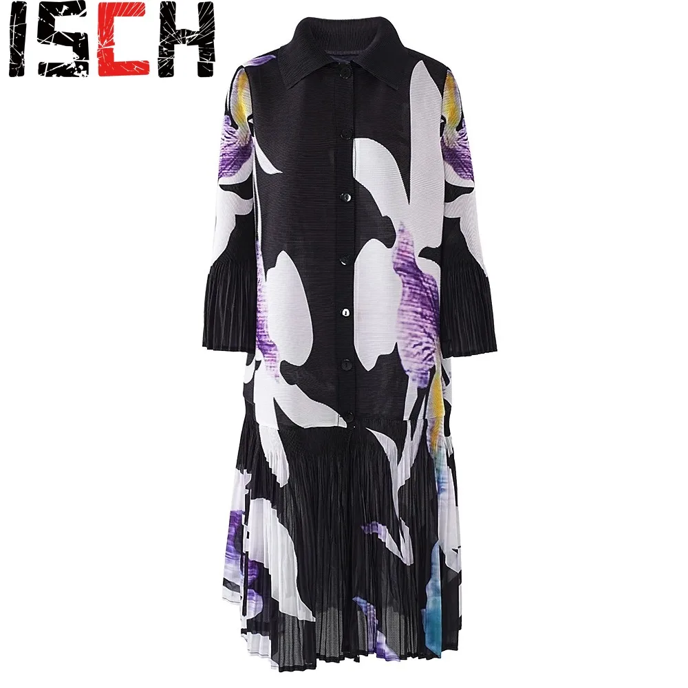 

Pleats Original 2024 New Pleated Print Dress For Women Fashion Lapel Single Breasted Loose Long Contrast Color Female Dresses