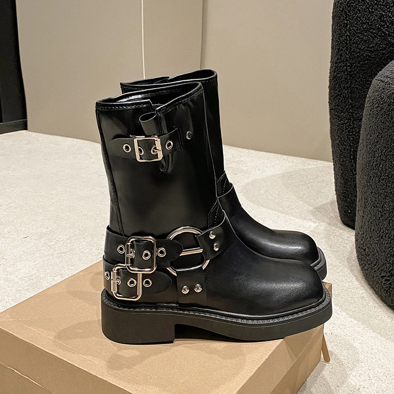 

Winter Platform Cowboy Boots Women Shoes Fashion Slip on Mid Heel Bota Ladies Retro Mordern Bootties Short Boot