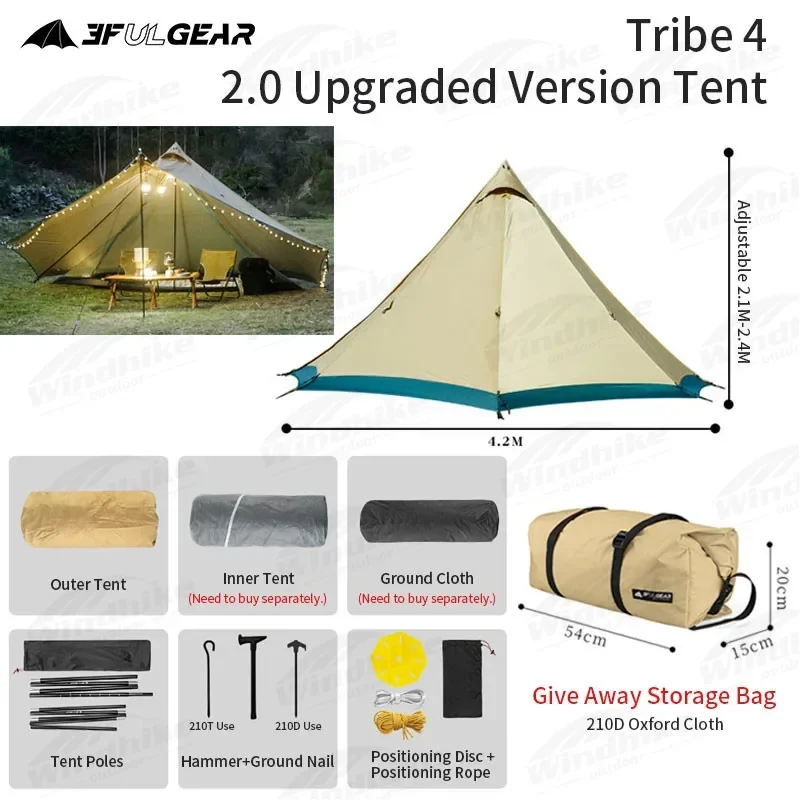 

3F UL GEAR 2IN1 Awning Tribal Tent Upgrade 2.0 Expandable Large Space Windproof 5-8 Persons Camping Hiking Family Tent 210T/210D