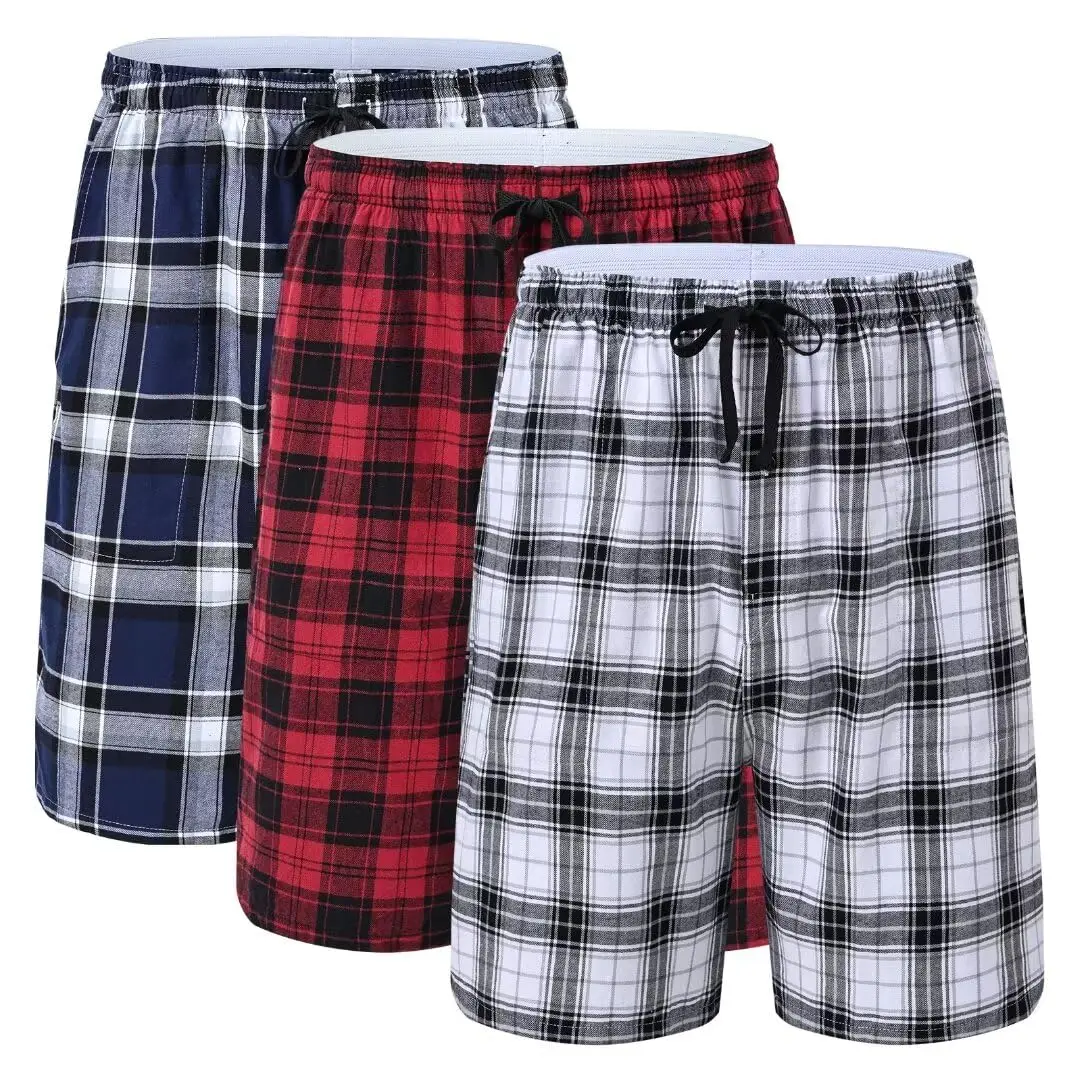 3Pcs 100% Cotton Pajama Sleeping Pants, Men Plaid Elastic Waist Cozy Sleeping Shorts, Cozy & Soft Homewear Plaid Pants Set