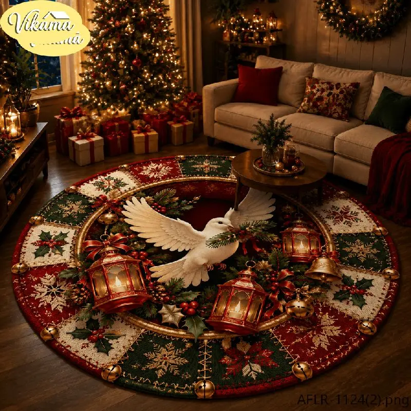 VIKAMA Christmas Round Rug White Dove Lantern Bell Holly Area Rug Living Room Holiday Home Decor Aesthetic Art Large Premium