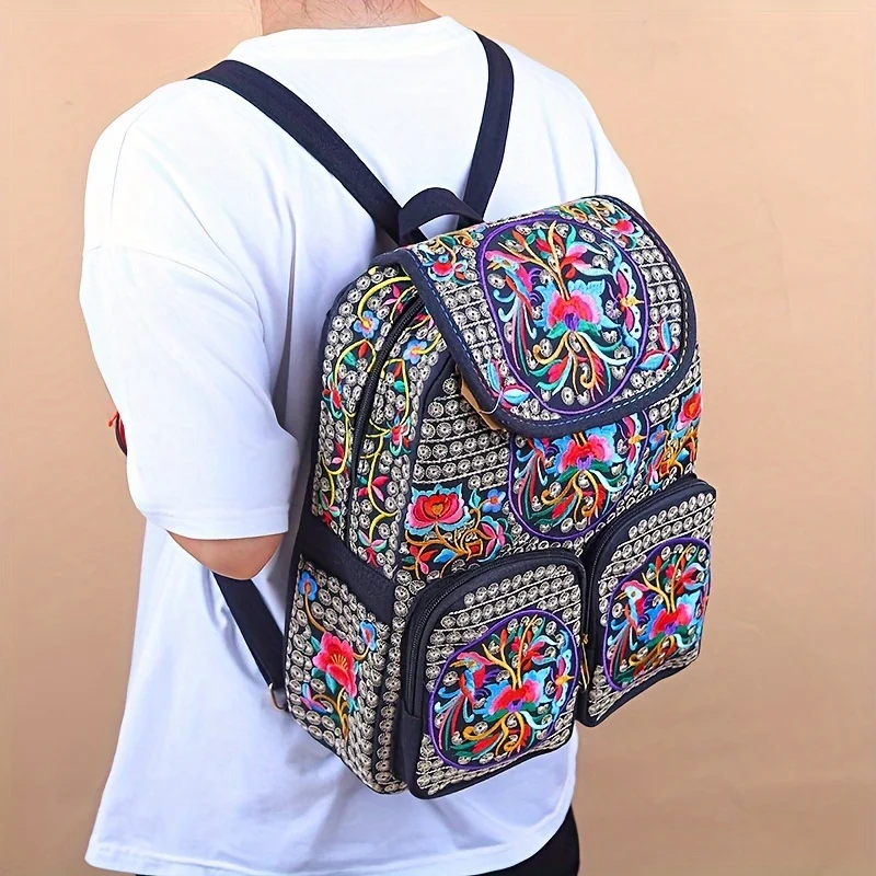 

Ethnic Flower Embroidery Zipper Backpack, Lightweight Women's Classic Travel Rucksack With Multi Pockets