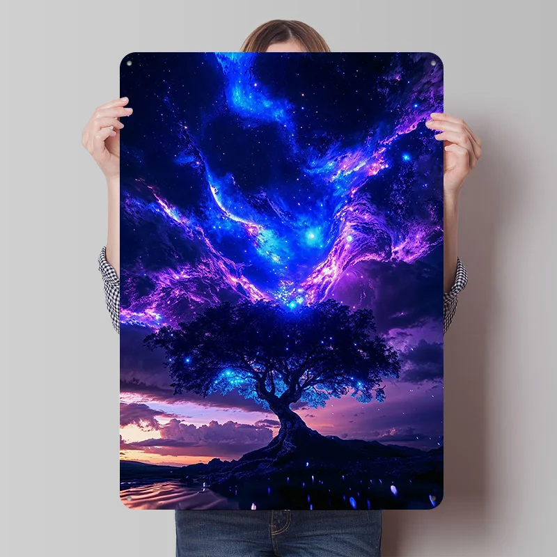 شجرة ليلة مرصعة بالنجوم جدار الفن علامة معدنية الفضاء المشارك الرجعية مخصصة القصدير اللوحة للرجل كهف ديكور غرفة نوم الديكور غرفة المعيشة #1
