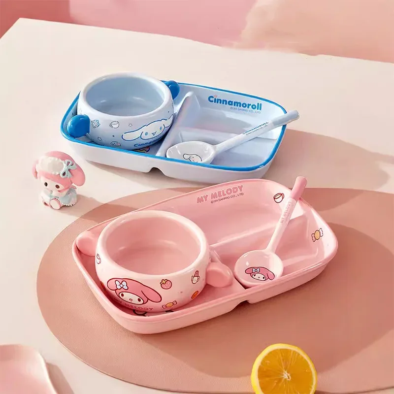 

Sanrio Kawaii My Melody Breakfast Ceramic Grid Plate Cinnamoroll Anime Cartoon Fashion High-value Home Tableware Set Eating Bowl