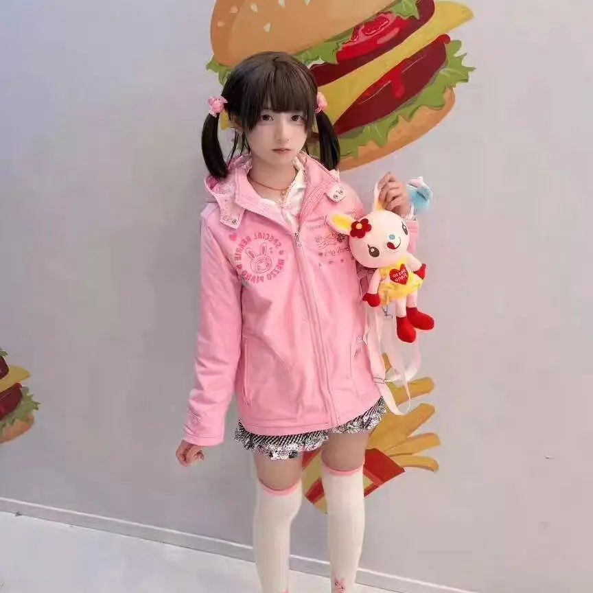 

Japanese Sweet Girl Pink Rabbit Printed Zip Up Hoodie Women Cartoon Mp Daughter Clothing Jojifuku Candy Windproof Jacket