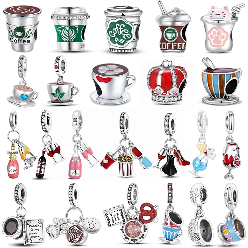 925 Silver Cup Collection Coffee Afternoon Tea Wine Glass Pendant Fit Original Bracelet Charms Bead Necklace DIY Jewelry