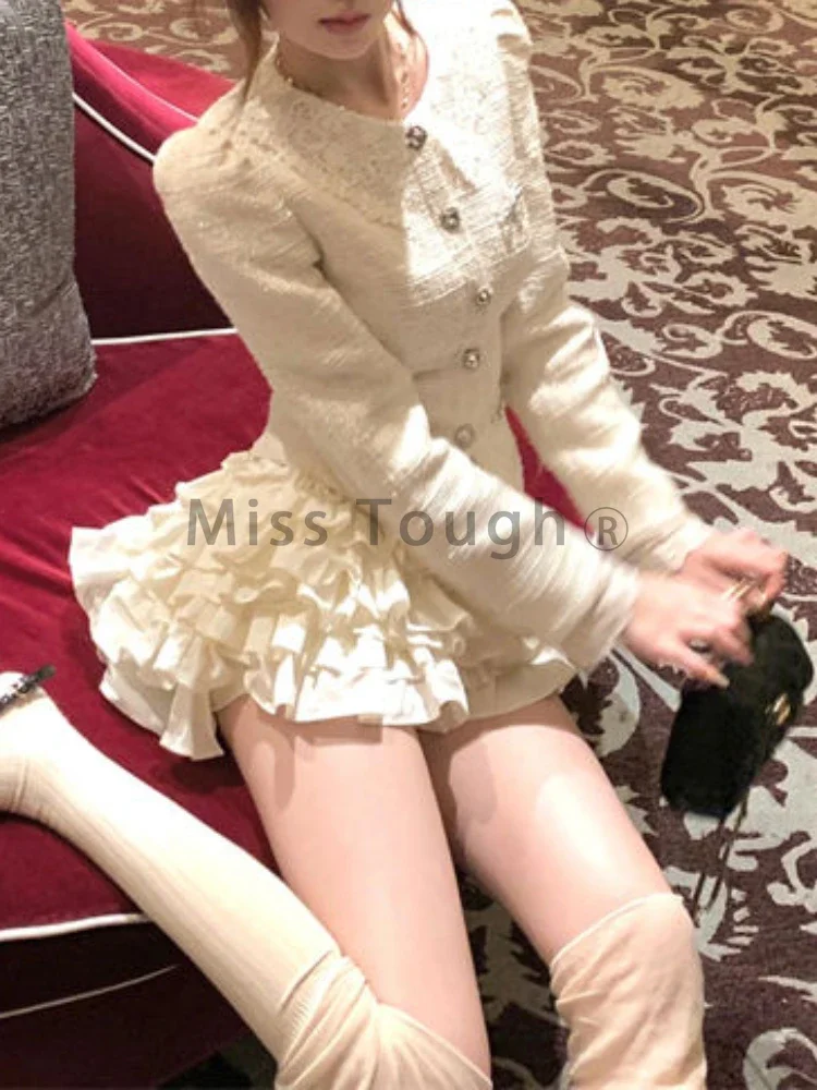 Korean Fashion Elegant White Sweet 2 Piece Sets Women Fur Coat + Fluffy Cake Skirt Autumn Winter New Retro Casual Y2k Style Suit