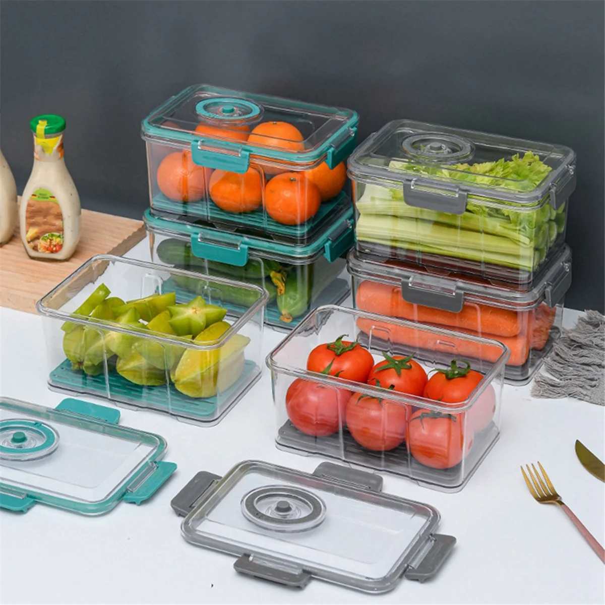 Vacuum Food Storage Container Transparent Fridge Organizer with Drain Net Capacity Food Dispenser for Kitchen Gray M