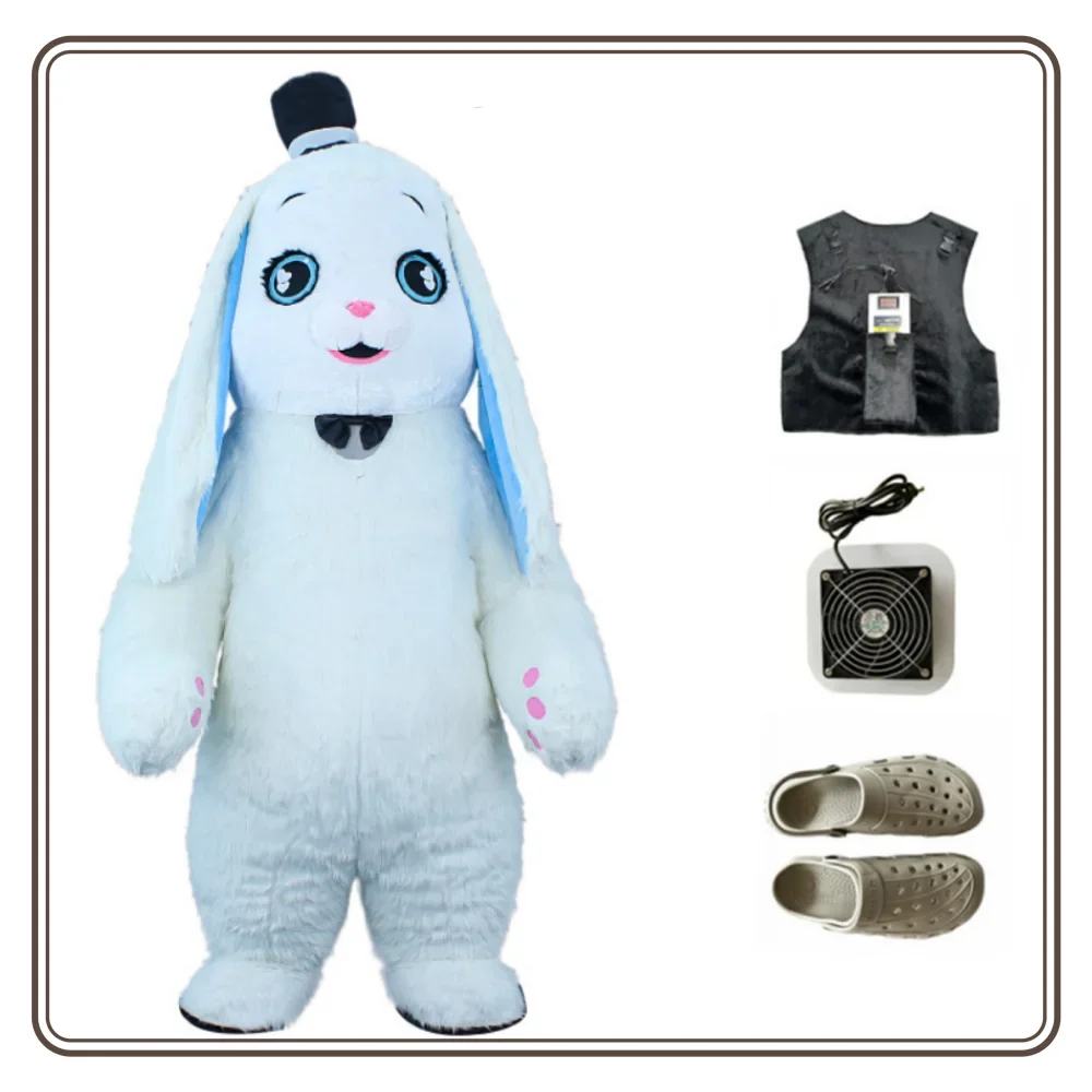 Inflatable Long Ears Plush Rabbit Walking Mascot Suit Costume Blow Up Halloween Party Cosplay Bunny Fancy Dress