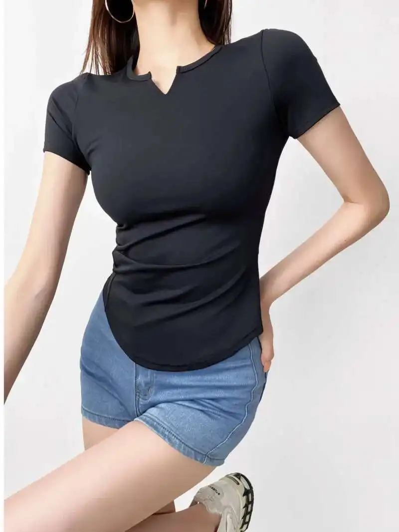 Damska koszulka sportowa z krótkim rękawem, obcisła, elastyczna, dopasowana, z okrągłym dekoltem, gładka, w stylu \"spicy girl\", nowość na lato 2024, krótki top 0RX2