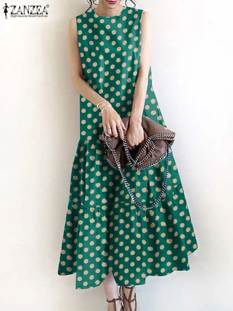 

2024 ZANZEA Vintage Summer Polka Dot Printed Sundress Women Fashion Ruffles Vestido Bohemian Sleeveless Holiday Party Midi Dress