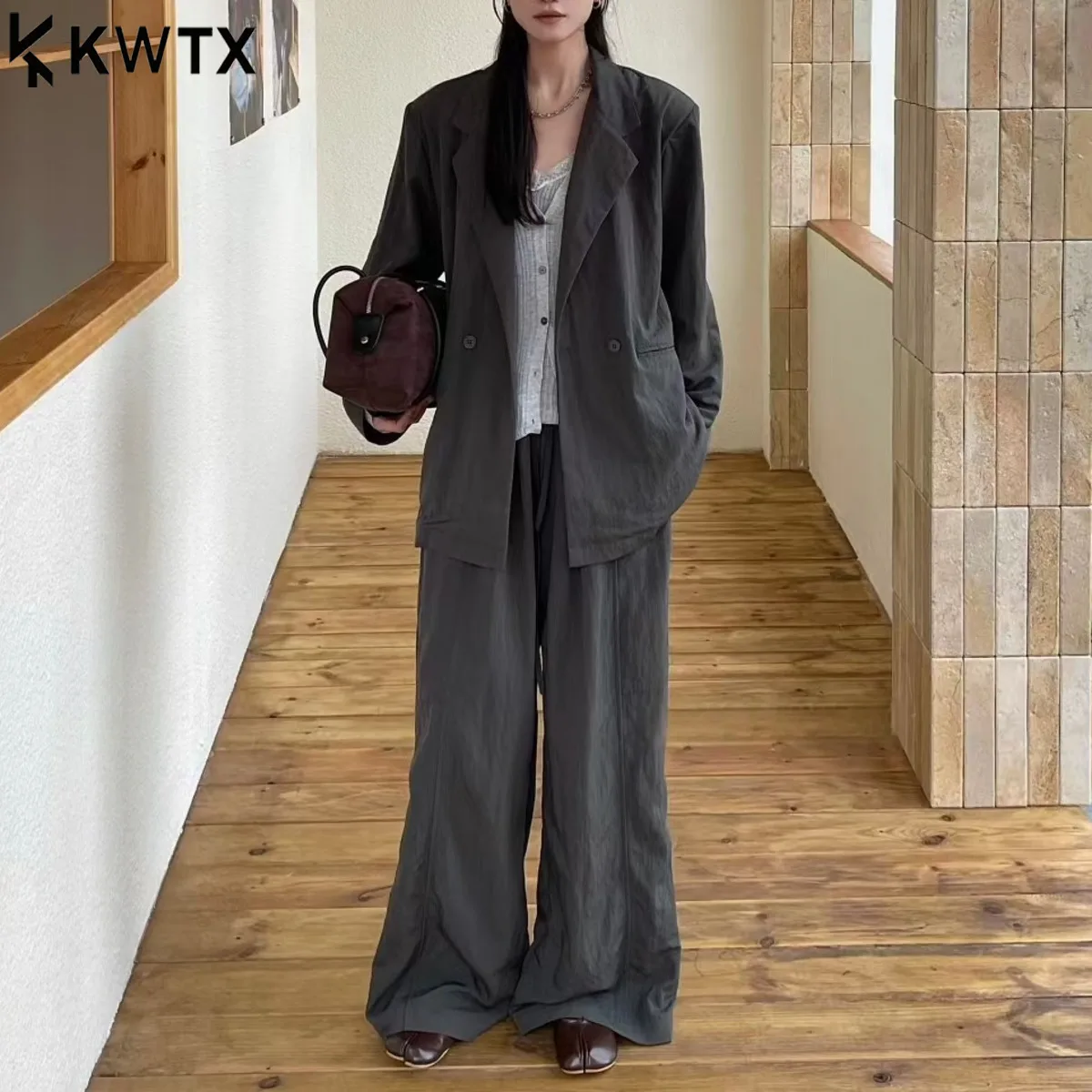 

KWTX Women's Two Piece Set Solid Blazer & Drawstring Wide Leg Pants Chic Elegant Slimming Premium Casual Spring Summer Fashion