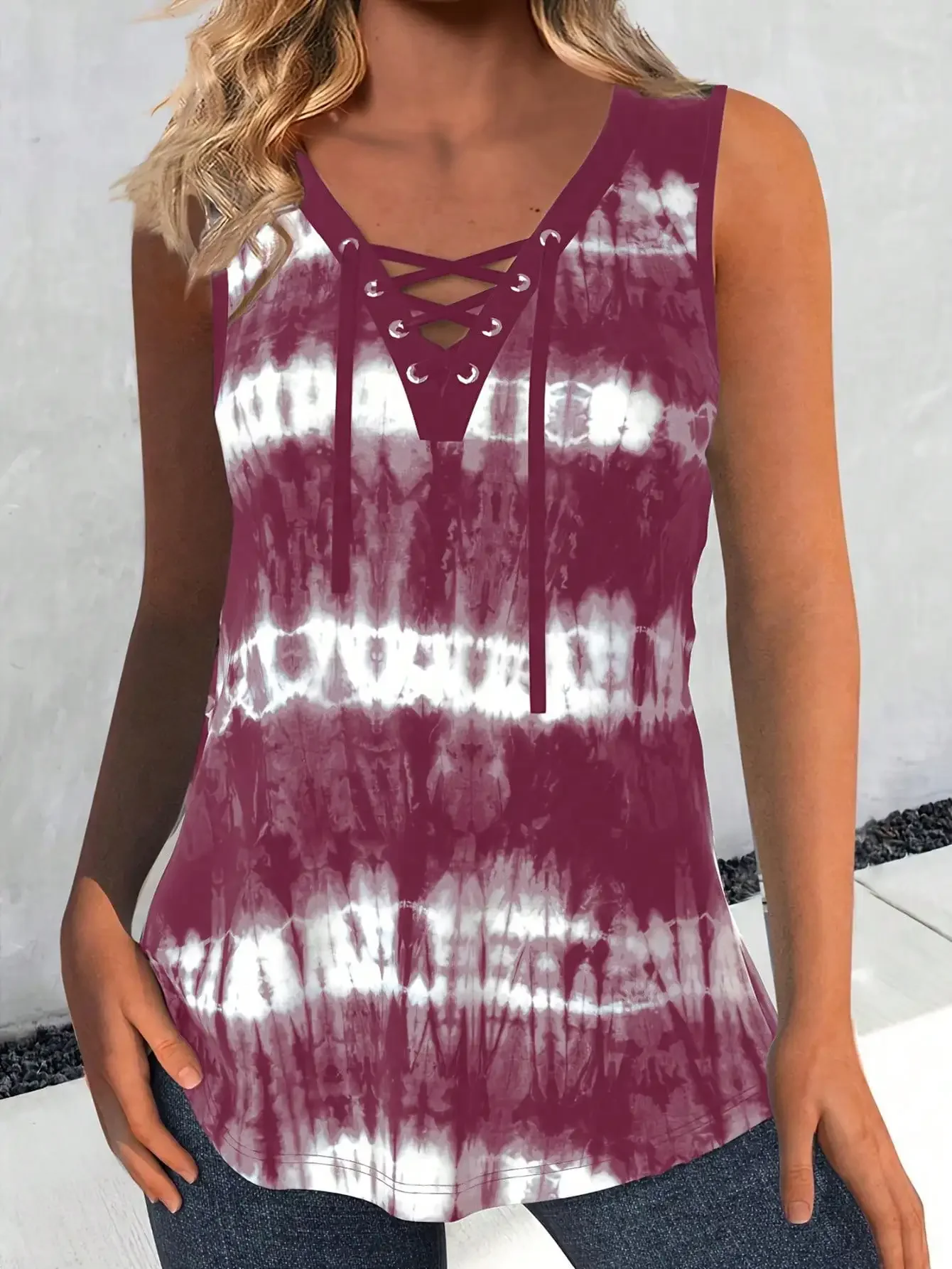 حجم كبير 1XL-5XL المرأة موضة رابطة عنق مستديرة صبغ طباعة أكمام تانك القمم السيدات عادية الصيف القمم تانك