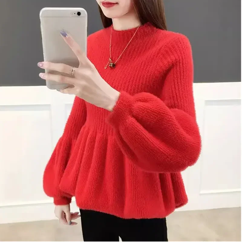 

2024 New Autumn Winter Sweater Women Turtleneck Sweaters Knitted Pullover Sweaters Casual Puffed Sleeve Mink Velvet Sweaters